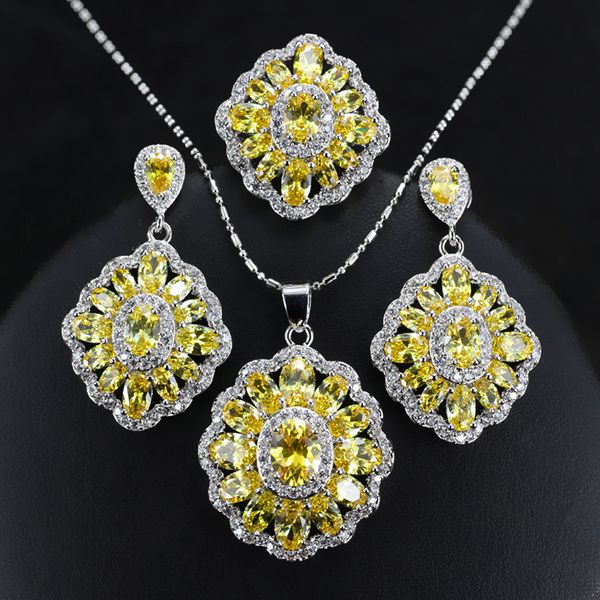 

big flower shape women bridal jewelry set yellow rhinestone necklace set for female gifts, Silver