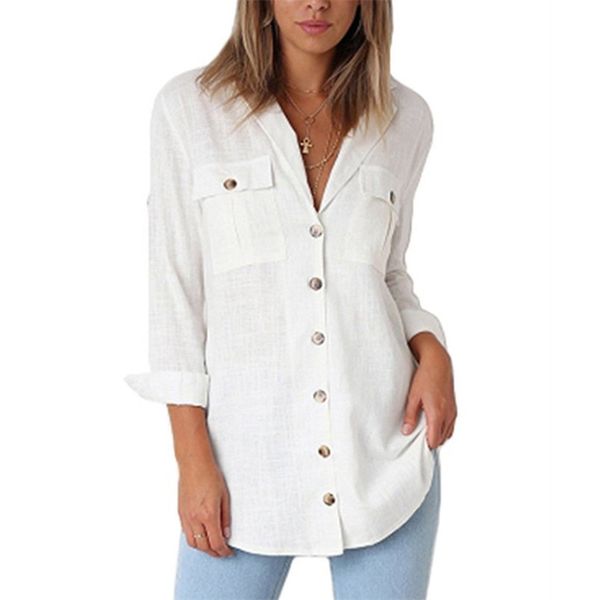 

7 color 2018 autumn winter fashion v neck button long sleeve blouse office womens shirts casual solid loose bloes dames, White