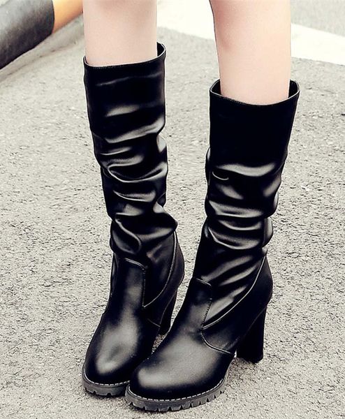 

new korean version winter knee high boots tall canister knight long boots soft leather high heel women's shoes new, Black