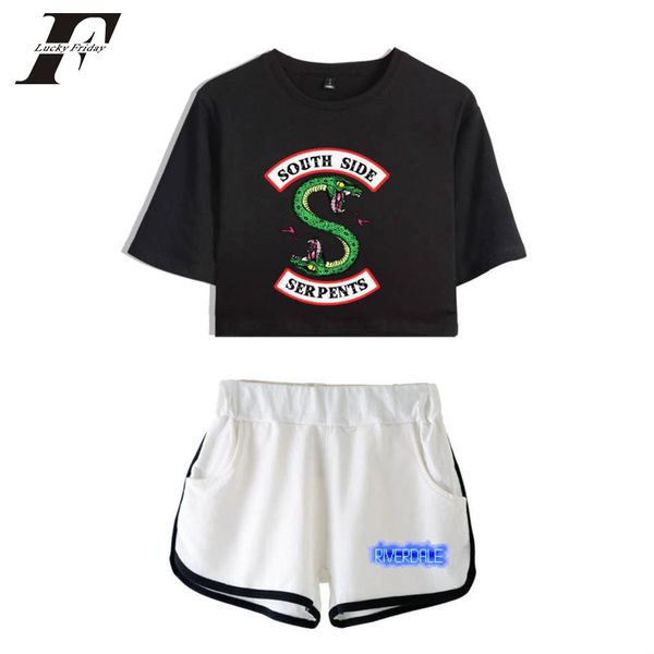 

2018 riverdale two piece set summer short sleeve t shirt 2 piece set women riverdale crop women + shorts pants, White