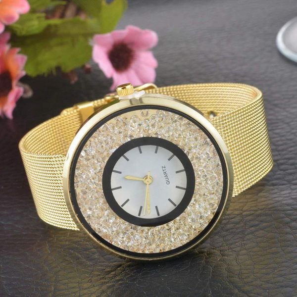 

women gold color band round dial quicksand rhinestone quartz analog wrist watch 22cm, Slivery;brown
