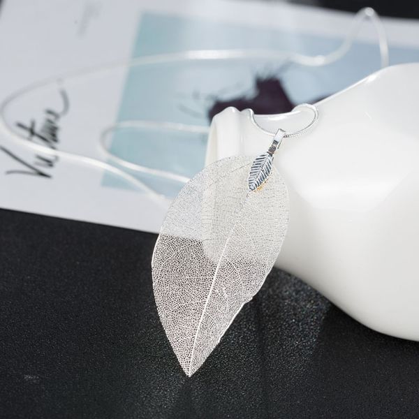 

womens fashion long chain sweater necklace natural leaf plated pendant necklaces wholesale, Silver