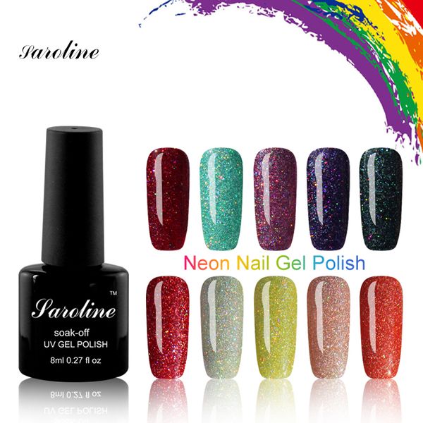 

saroline lucky neon color gel varnish art false nails with glue colorful 8ml neon uv nail gel soak off uv color nail polish, Red;pink