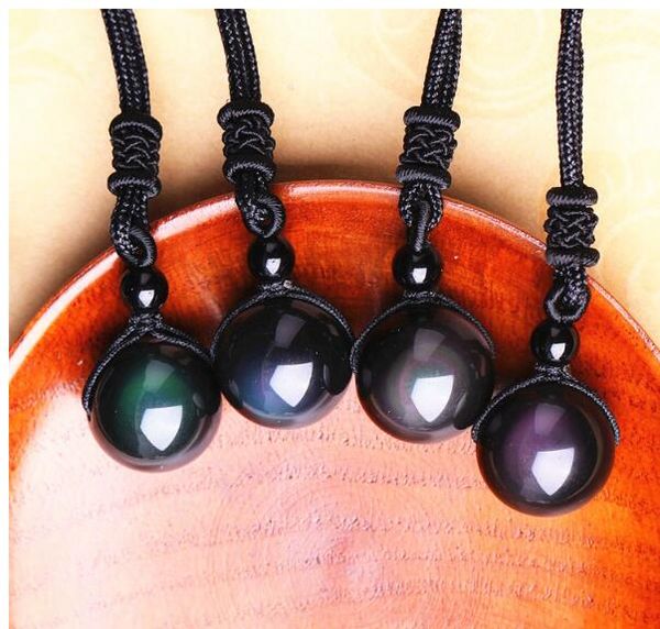 Pedra Natural Preto Obsidian Rainbow Eye Beads Transferência de Bola Sorte Amor Pingentes Colares Para As Mulheres Homens Casal Jóias Presente de Natal