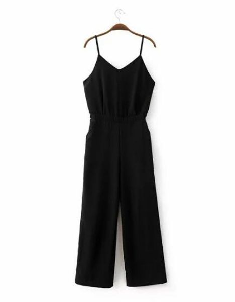 

stylish backless v neck spaghetti strap long jumpsuit 2018 new woman elastic waist casual full length rompers bodysuits, Black;white