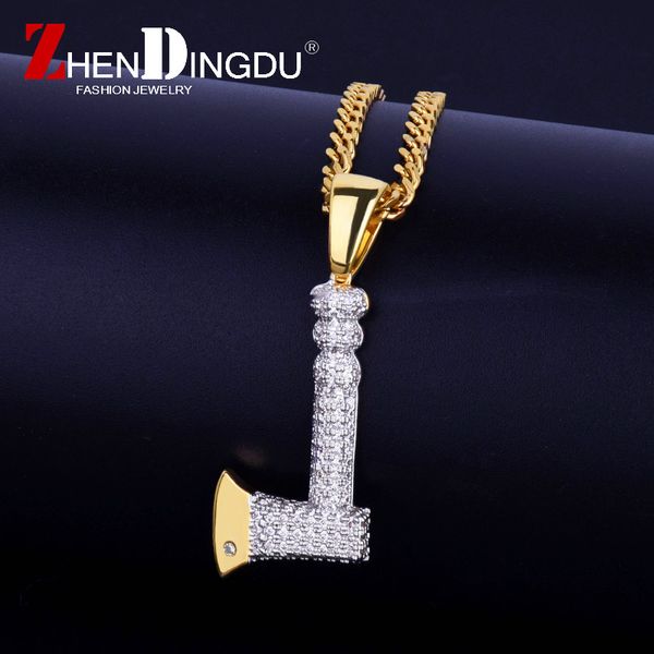 

personality the axe necklace & pendant steel rope chain gold color bling cubic zircon men's hip hop jewelry for gift, Silver
