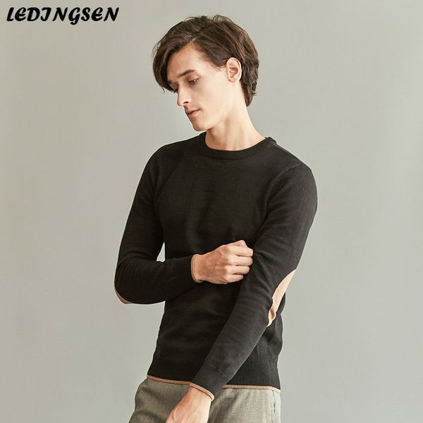 

ledingsen 2018 autumn winter warm knitted sweater black mens slim fit cotton sweaters o-neck sueter hombre pull homme pullover, White;black