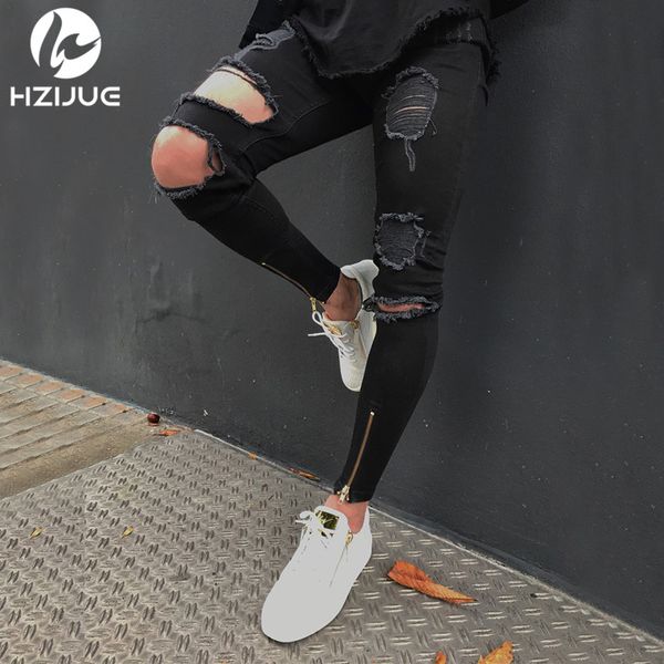 

Denim Luxury Jeans Hi -Street Men Knee Eversion Ripped Big Hole Men Jeans Streetwear Skateboard Straight Man Casual Elastic Jeans