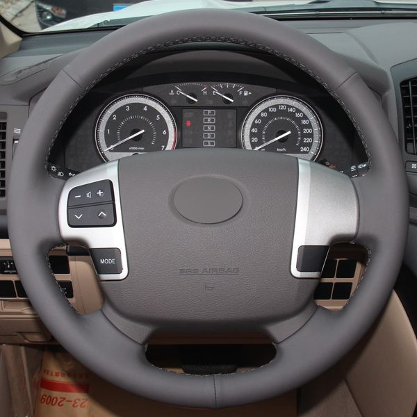 

dark gray genuine leather hand-stitched car steering wheel cover for toyota land cruiser 2008-2015