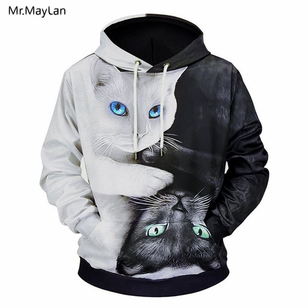 

3d print animals black and white cats jackets men/women hipster streetwear pullover hood sweatshirts boy hoodies outwear clothes