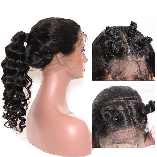 

360 lace human hair wigs loose wave 130 150 360 lace frontal wig pre plucked with baby hair end full remy brazilian hair, Black;brown