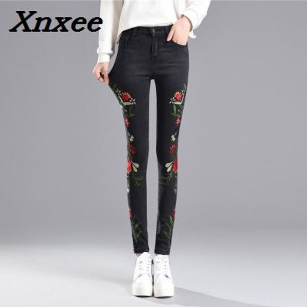 

women casual cotton embroideried pencil jeans high waist skinny denim pants plus size stretch jeans female trousers xnxee, Blue