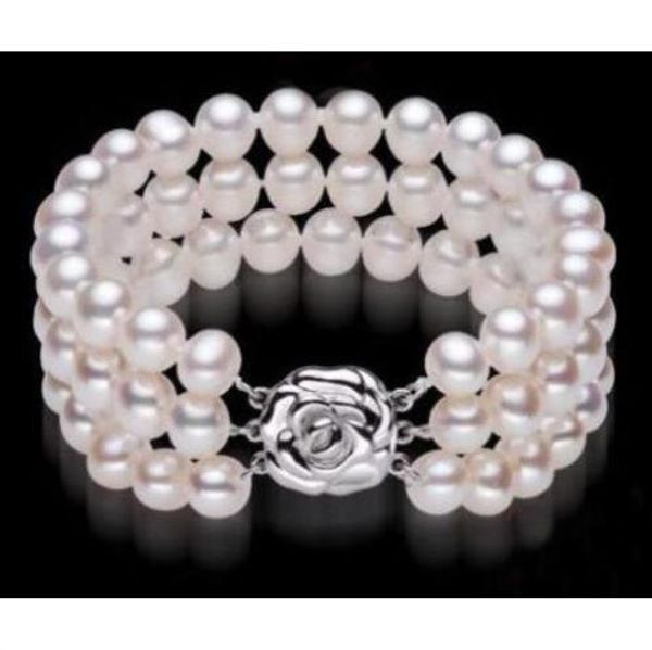 

new triple strand 9-10mm south sea white natural round pearl bracelet 7.5-8 inch, Black
