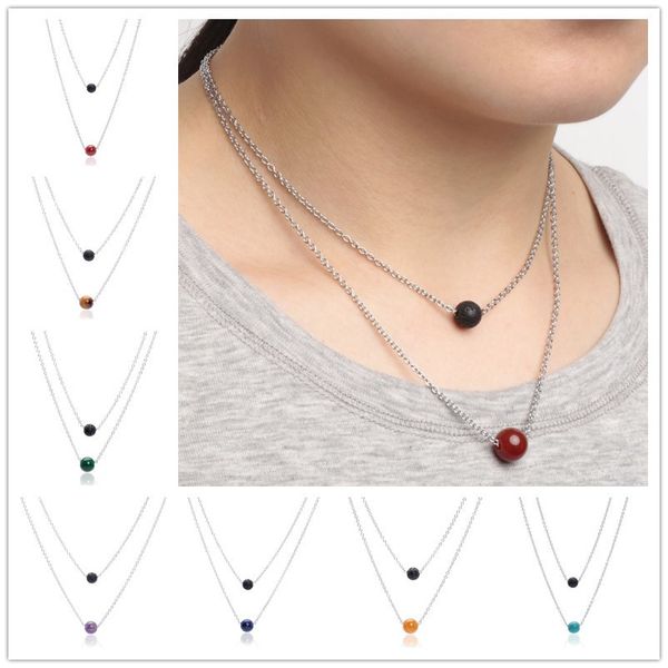 

8 colour black lava necklace stone beads aromatherapy essential oil perfume diffuser stainless steel necklace jewelry women, Silver