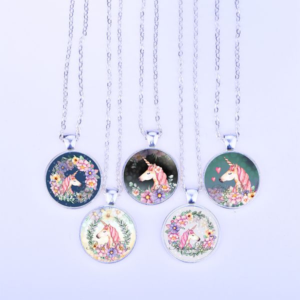 

cute pink unicorn necklace animal pattern glass cabochon pendant necklace for women handmade jewelry party favor gifts for kids, Silver