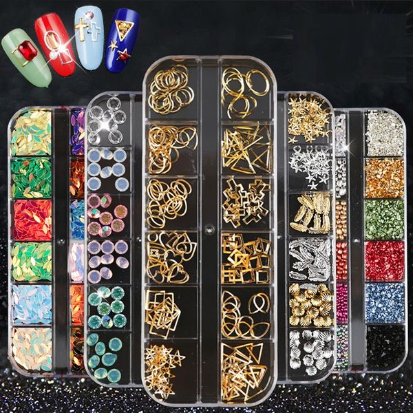 

12 grids mix nail rivets bar ab rhinestones punk nails chain mermaid bead copper beads 3d nail art decorations, Silver;gold
