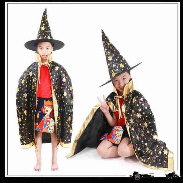 

boy girl kids children halloween costumes witch wizard cloak gown robe with hat cap stars fancy dress up cosplay