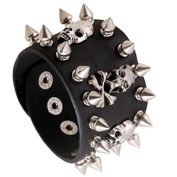 

new fashion alloy skeleton bullet rivet leather bracelet black punk non-mainstream wide wristband with snap fastener jewelry gifts wholesale, Golden;silver