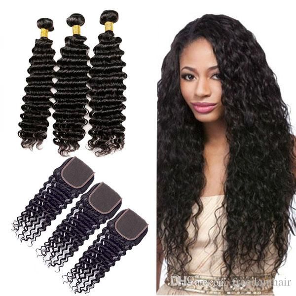 

высокое качество 8 волос remy 3 связка с 4x4 закрытия deep wave raw virgin индийского бразильской перуанской отложенными человеческими волос