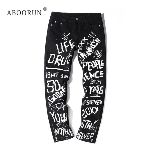 

aboorun hi street men's skinny ankle zipper jeans fashion graffiti printed jeans male hip hop denim pants streetwear x1941, Blue
