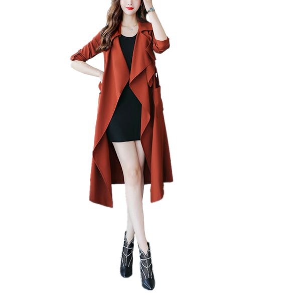 

women trench windbreaker lapel solid color tie waist slimming loose large size pocket polyester temperament personality trench, Tan;black