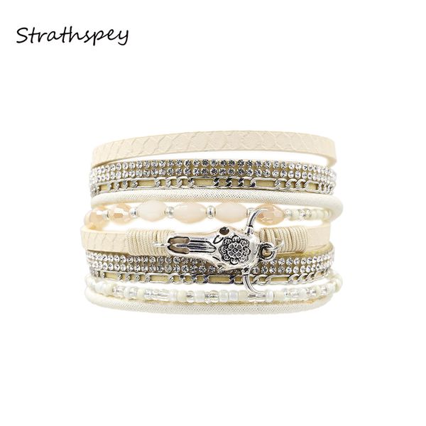 

double wrap four rows magnetic pu leather bangle beads handmade cow head bracelets animal charm rhinestone trendy jewelry, Golden;silver