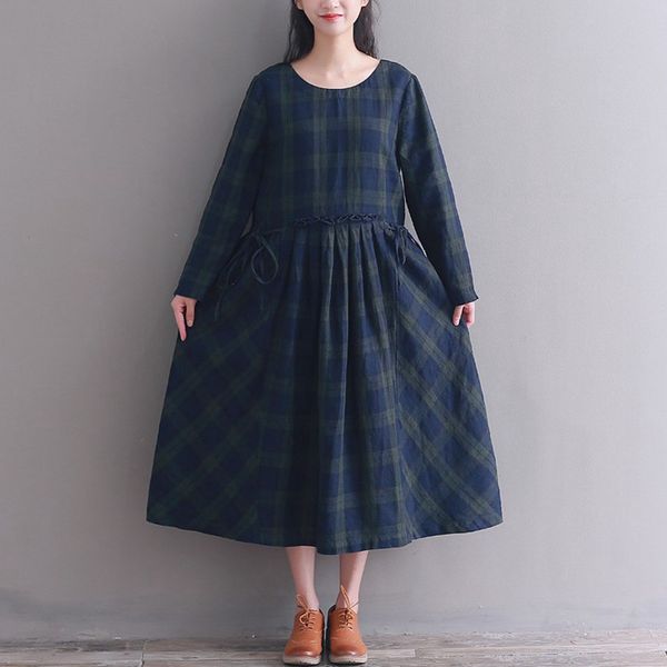 

mferlier women linen dress plaid print female o neck long sleeve loose casual autumn dress oversized dresses, White;black