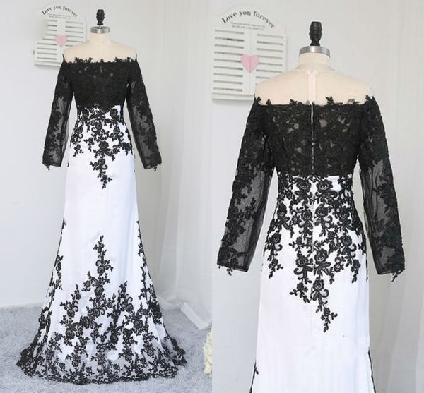 

fashion black and white evening dress formal gowns long 2018 off shoulders lace mermaid chiffon long sleeves red carpet prom dress, Black;red