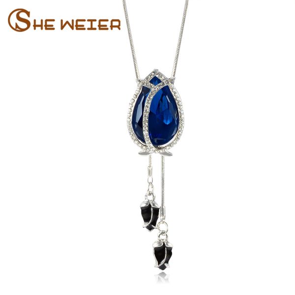

whole saleshe weier long sweater chain blue tulip pendant zircon flower pendant necklace for women jewelry accessories, Silver