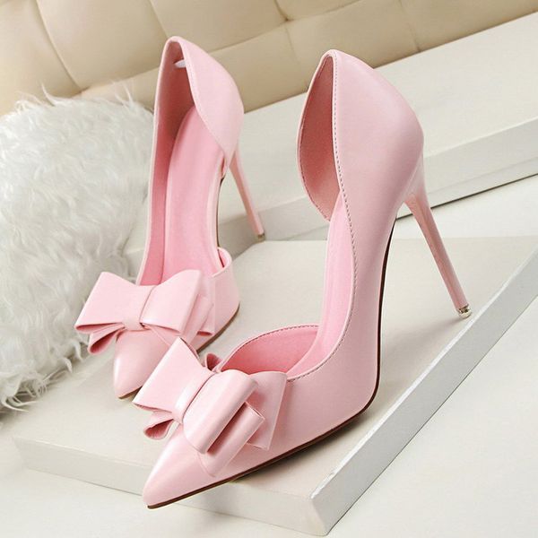 

women shoes high heel 2018 fashion sweet bowknot shoes woman heels tenis feminino side hollow pointed shallow mouth women pumps, Black;white