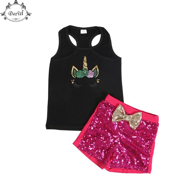 

unicorn girls clothing set black tees sequins girls short suit fashion western gilrs outfit summer children's sets, White