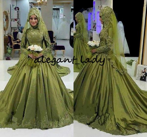 

army hunter green muslim wedding dresses with long sleeve 2018 modest high neck lace applique middle east arabic church wedding gown, White