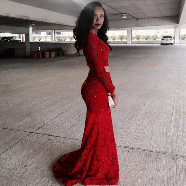 

two pieces red mermaid prom dresses dubai long sleeves lace african beads sequins formal evening party gowns, Black