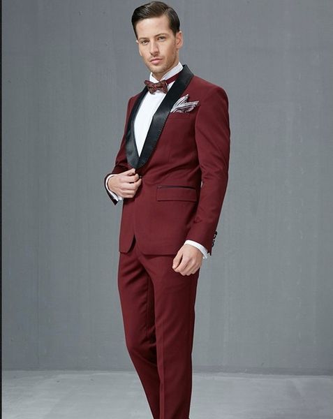 

men suits burgundy/wine red custom made wedding suits 2 pieces slim fit grooms shawl lapel terno masculino latest designs (jacket+pants, Black;gray