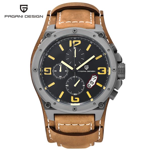 

2017 pagani design brand unique design fashion watches men dive 100m sport leather wristwatches large dial quartz watch, Slivery;brown