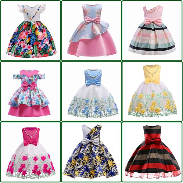 

10 Style INS Girl Princess Bow Dress Print Flower Lace Dirds Leavs Style Summer Petal Sleeveless Tutu Dress Kids Elegant Dress NEW Arrival