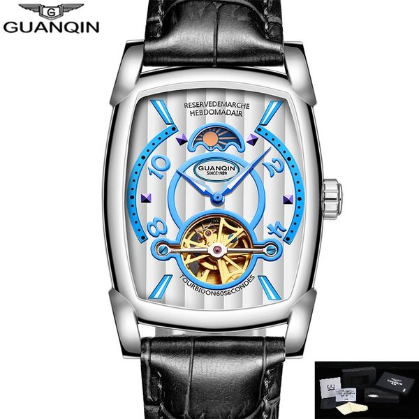 

guanqin watch men rectangle mechanical wristwatches moon phase water resistant luminous hands clock men 2018 montre homme, Slivery;brown