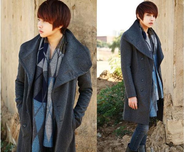 

men clothing coats jackets winter explosion models korean men cultivating long sections it windbreaker woolen coat jacket #718, Black