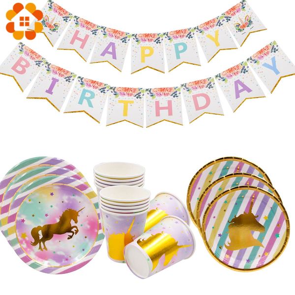 

unicorn theme disposable tableware sets party banner paper plates cups party supplies wedding/kid birthday/pool decoration