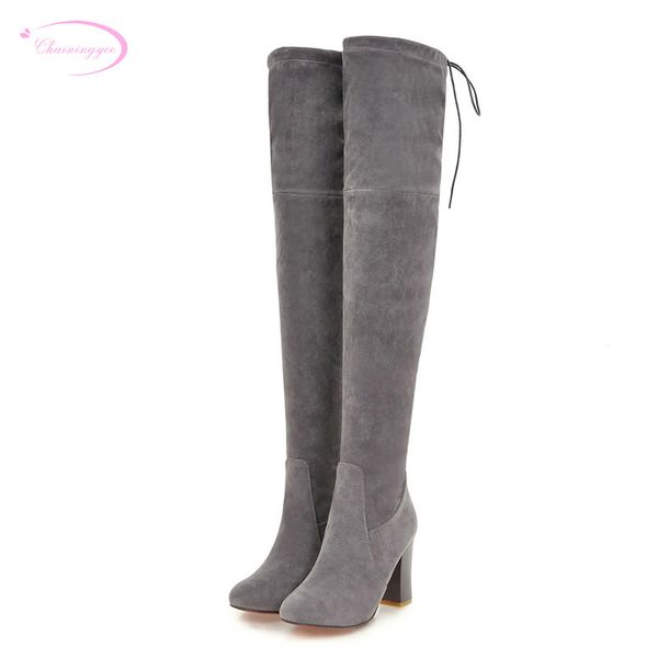 

chainingyee leisure nubuck round toe over knee high boots lace-up yellow gray black thick high heels riding boots women's shoes