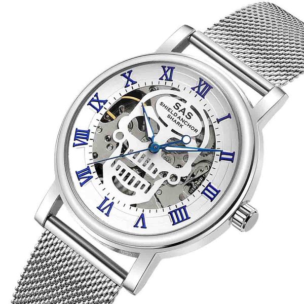 

sas fashion leisure steel strip shantou hollow shark roman scale ordinary glass mirror luxury gift dress mesh belt mechanical watches, Slivery;brown