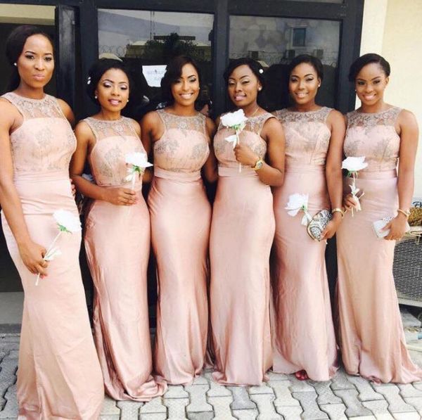 

2021 african country pink bridesmaid dresses sheer floor length long mermaid trumpet bridesmaids gowns vestido, White;pink