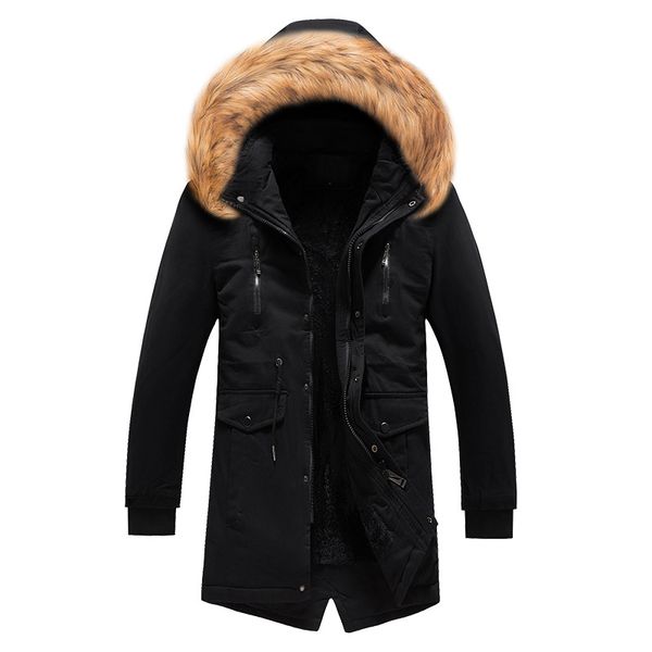 

2018 fashion winter jacket men fur collar thick warm parka men long coat windproof trench velvet casual outwear top, Black