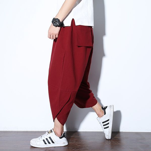 

summer men's cotton linen pants mid waist loose hip-hop harem pants drawstring male casual trousers ta117, Red