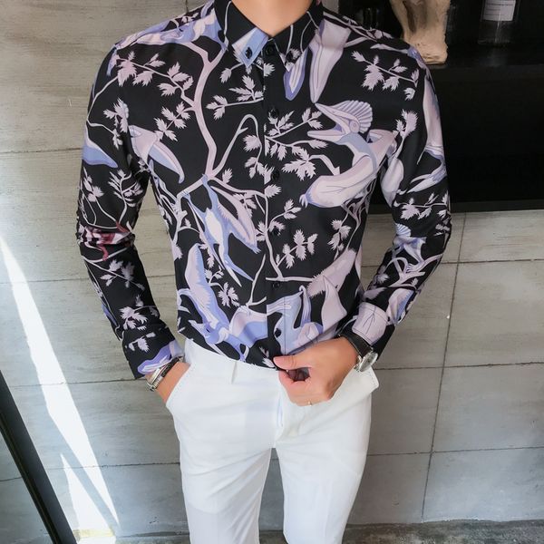 

british style shirt men brand new digital print slim fit mens dress shirts long sleeve casual night club prom tuxedo men clothes, White;black