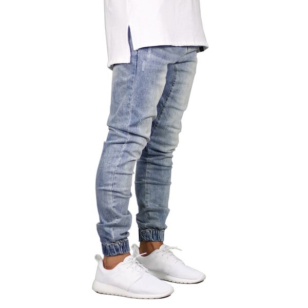 

fashion stretch men casual slim fit jeans denim jogger design hip hop elastic beam feet joggers for men, Blue