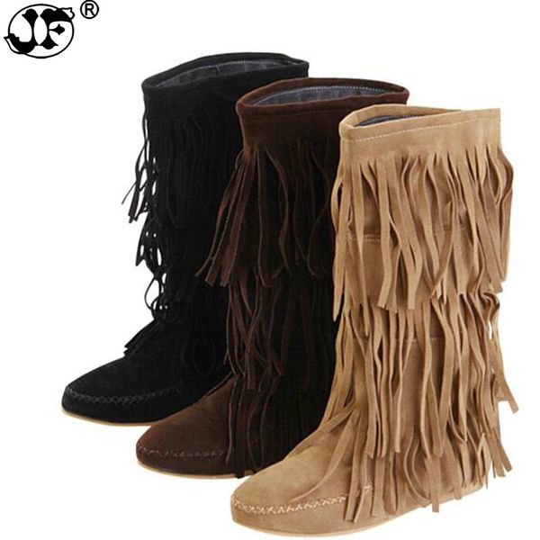 

3 layers fringe boots 2018 low heel tassel moccasin flat mid-calf women boots plus size 35~43 drop ship 639, Black