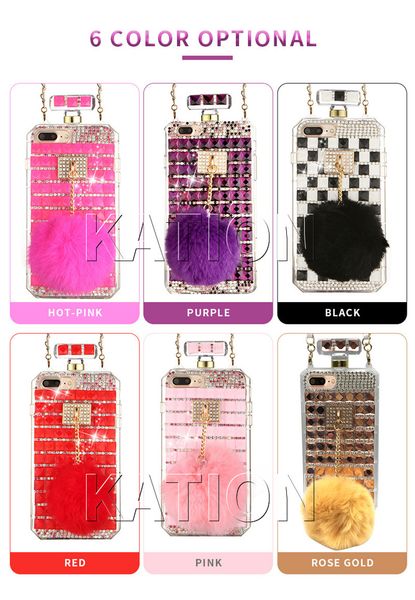 

mens designer winter style fur ball perfume bottle diamond phone case for iphone xr xsmax x 8 7plus 6s lanyard rhinestone phone cover