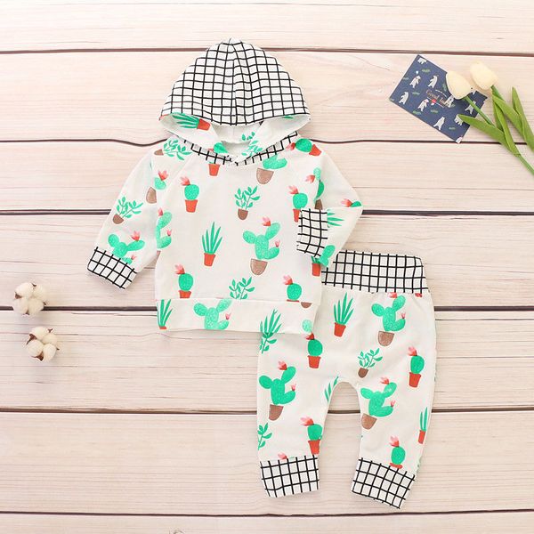 

2018 new baby girl clothes set newborn baby girls long sleeve cactus print hoodies long pants autumn winter 2pcs outfits, White