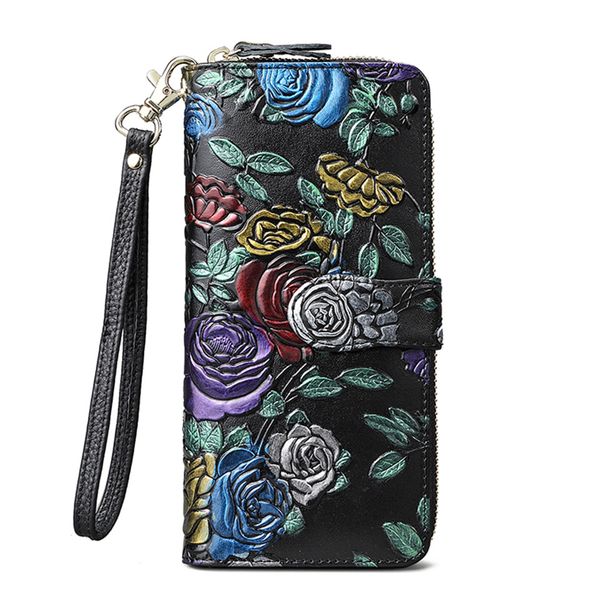 

rose painting genuine leather women flower wallet long hasp female clutch brand carteras purse wallet women phone coin bay lady, Red;black
